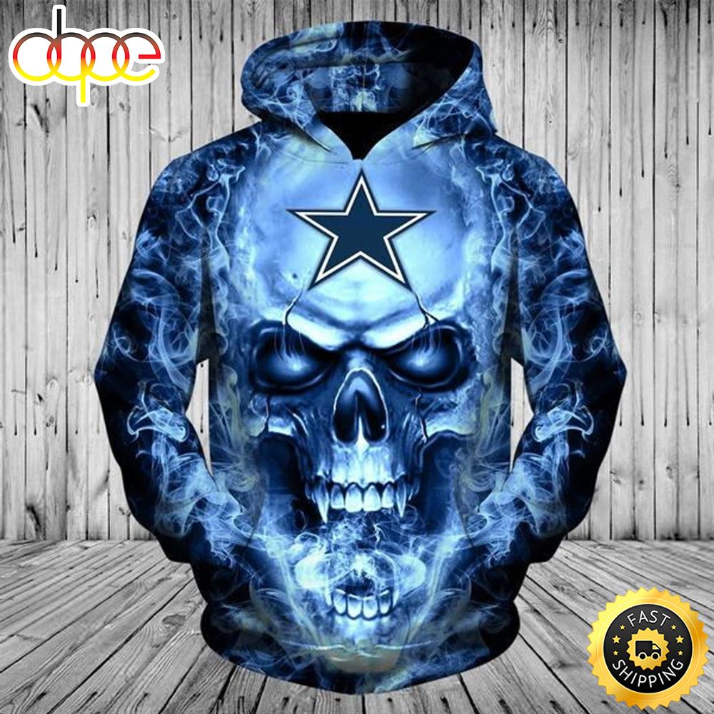 N.F.L.Dallas Cowboys Blue Smoking Skull 3D Hoodie All Over Print Shirts