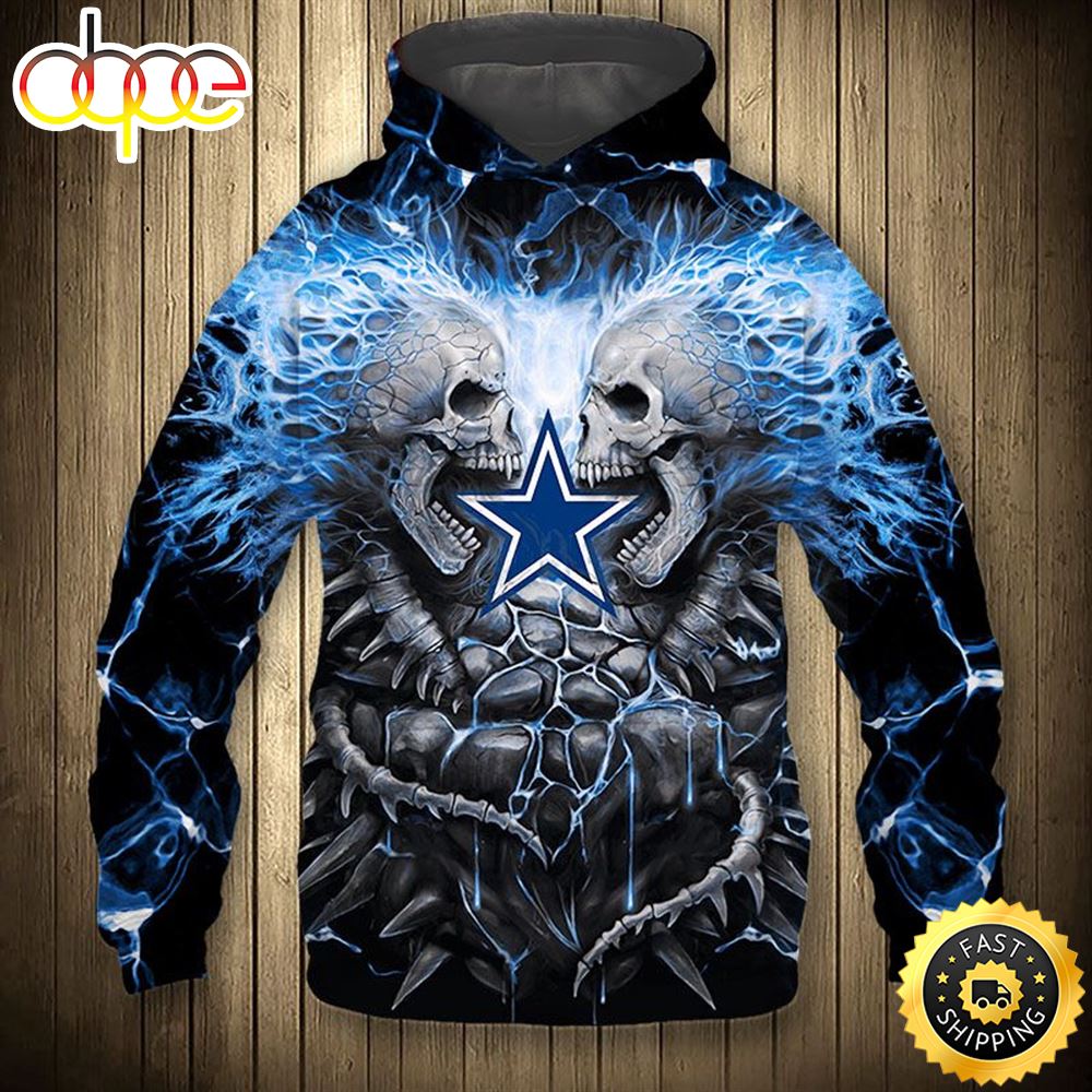 N.F.L.Dallas Cowboys Neon Blue Electric Scream In Skulls Premium 3D Hoodie All Over Print Shirts