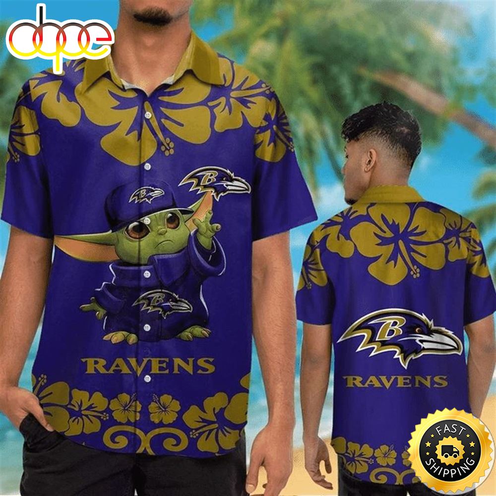 NFL Baltimore Ravens Baby Yoda Purple Hawaiian Shirt