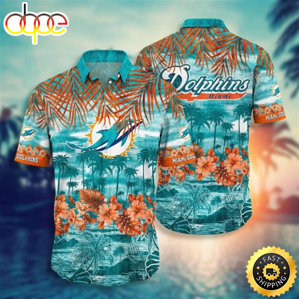 NFL Miami Dolphins Aqua Orange Flowers Hawaiian Shirt