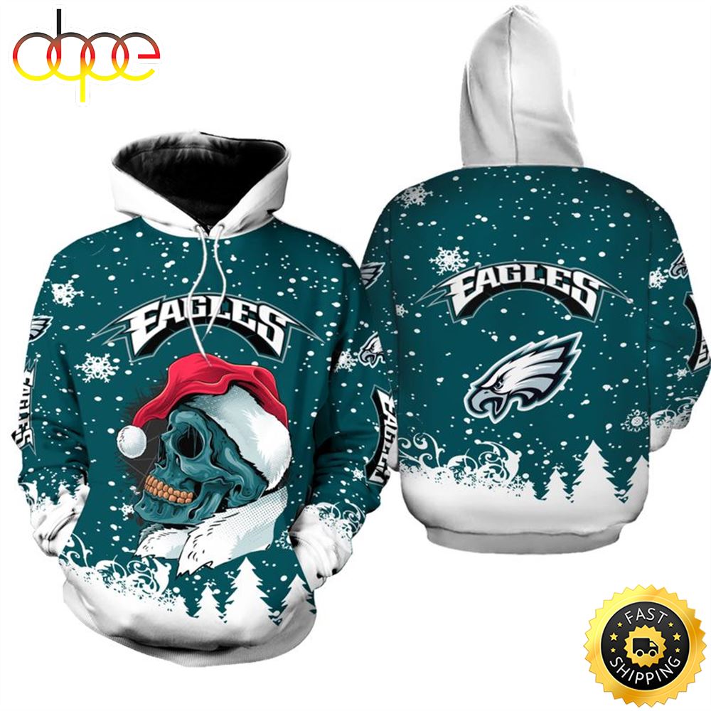 Philadelphia Eagles Christmas Skull Football NFL All Over Print Hoodie Shirt