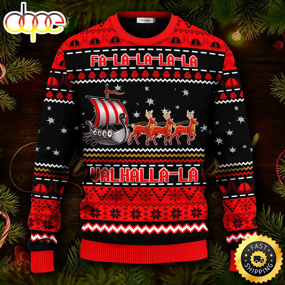 Red Falalalala Valhallala Viking Ships Viking Ugly Christmas Skull Sweater Christmas