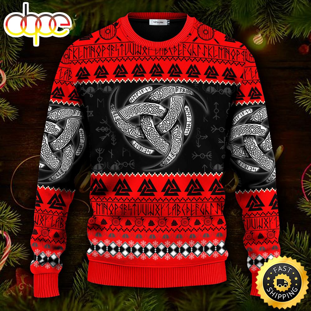 Red Triple Horn Pattern Viking Ugly Christmas Skull Sweater Christmas