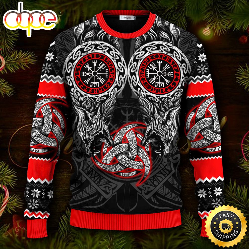 Red Triple Horn Pattern Wolf Viking Ugly Christmas Skull Sweater Christmas