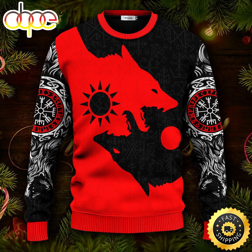 Red Wolf Black Wolf Viking Ugly Christmas Skull Sweater Christmas