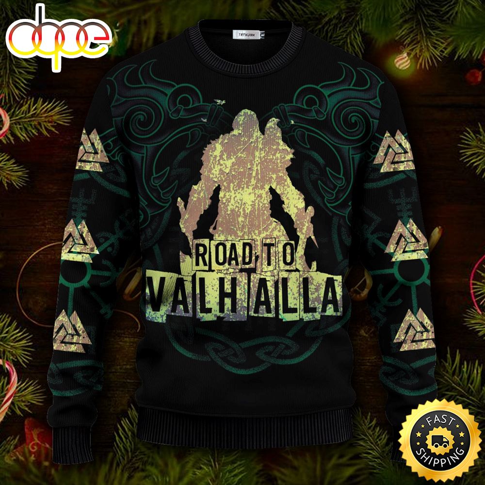 Road To Valhalla Viking Ugly Skull Sweater Christmas