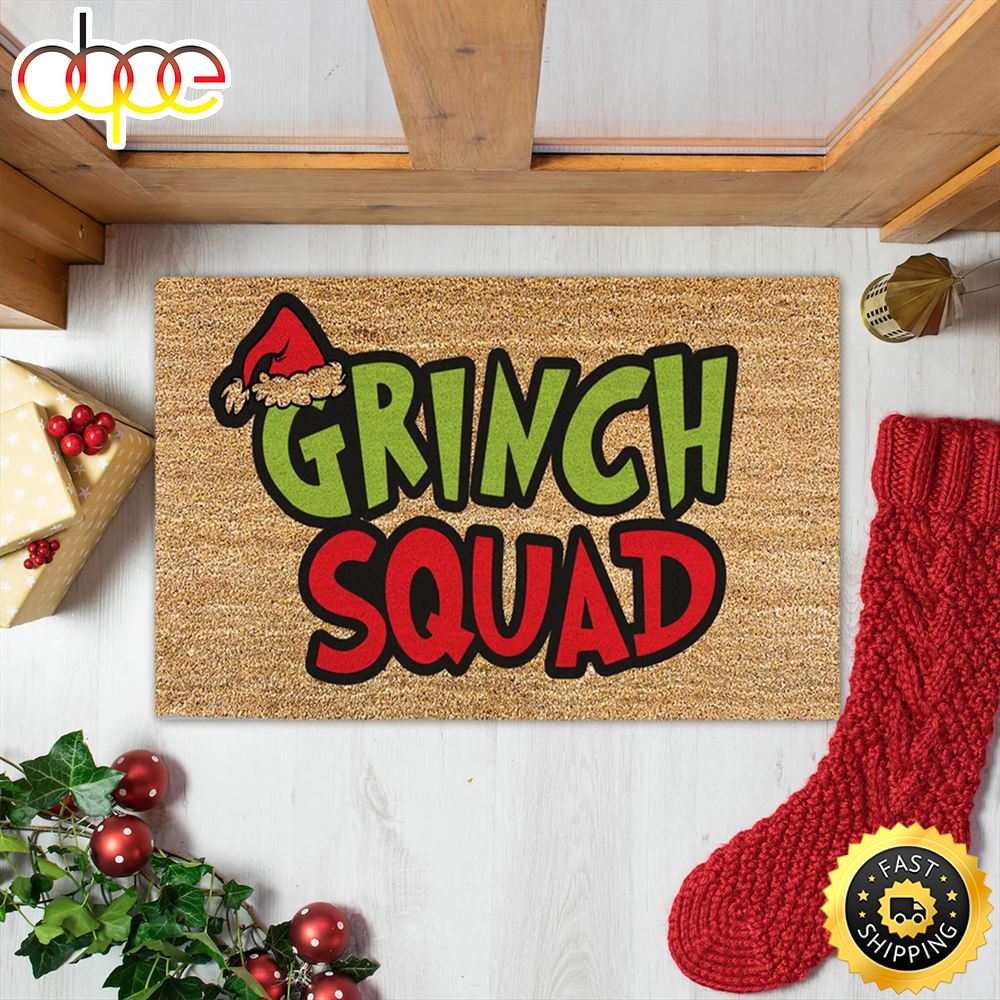 Santa Hat Grinch Squad Christmas Welcome DoorMat