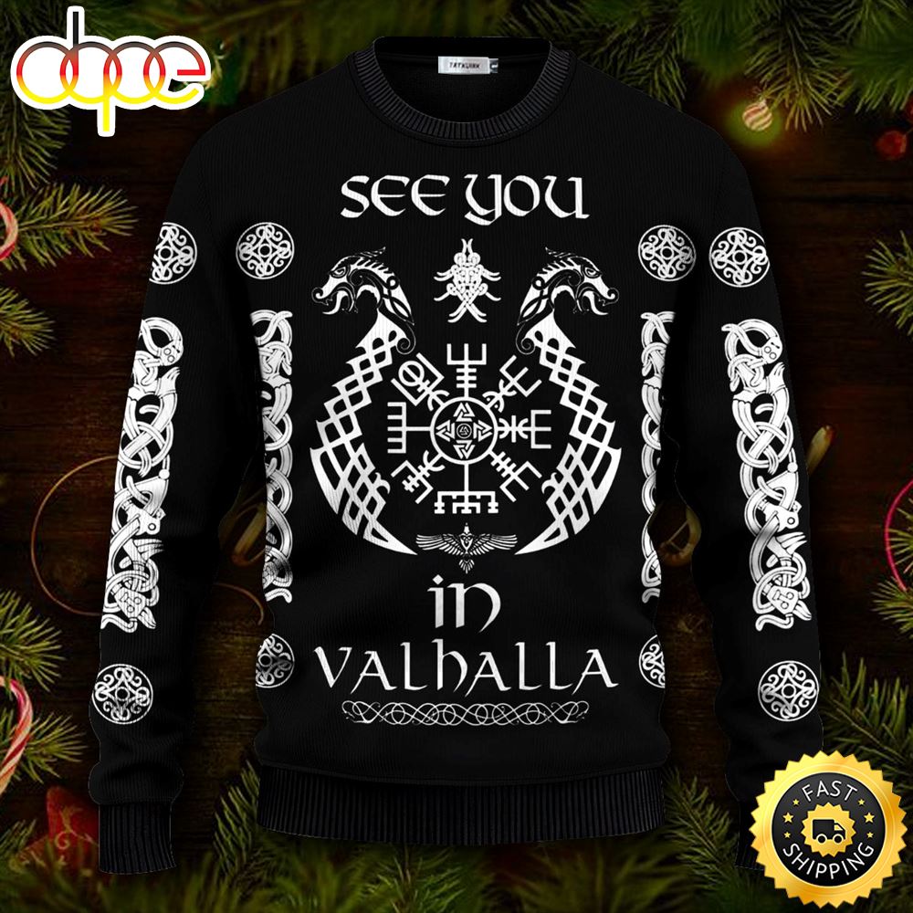 See You In Valhalla Viking Ugly Skull Sweater Christmas