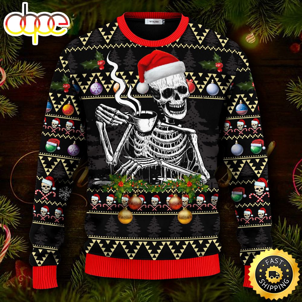 Skull Drinking Hot Coffee Christmas Pattern Ugly Christmas Skull Sweater Christmas