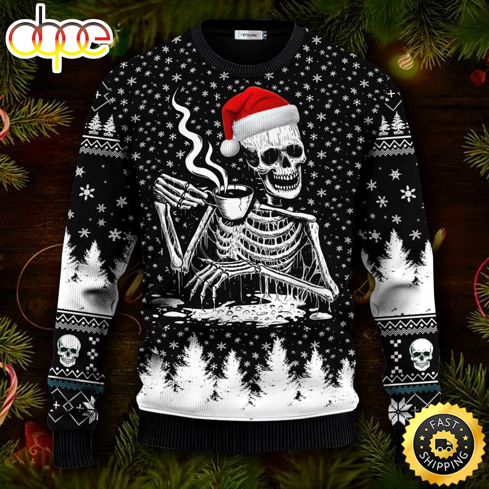 Skull Drinking Hot Coffee Ugly Christmas Skull Sweater Christmas