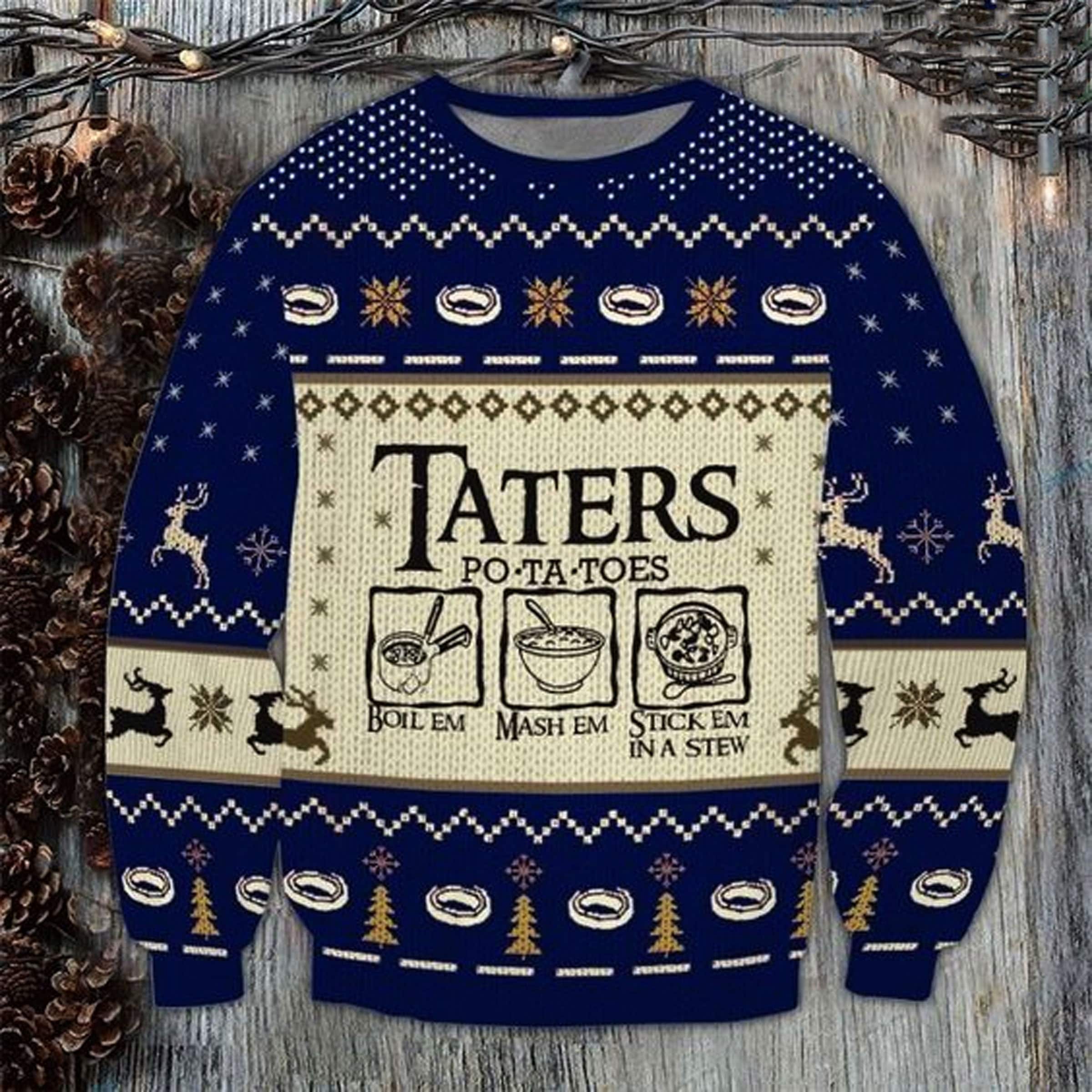 Taters Potatoes LOTR Blue Ugly Knitted Christmas Sweatshirt 1
