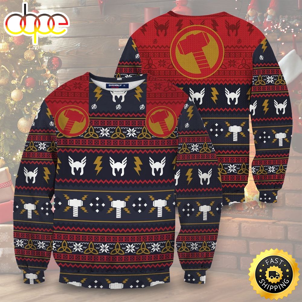 Thor God Of Thunder Hammer And Mask Pattern Marvel Christmas Marvel Christmas Sweater