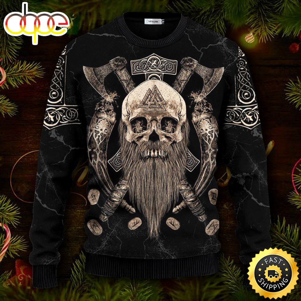 Valhalla Vegvisir Pattern Viking Ugly Christmas Skull Sweater Christmas