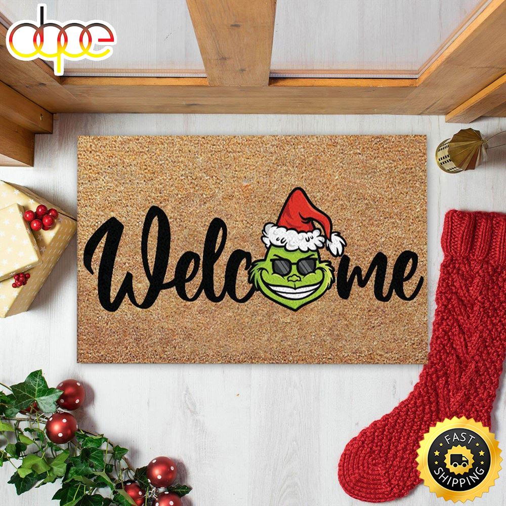 Welcome Grinch Santa Hat Christmas Doormat