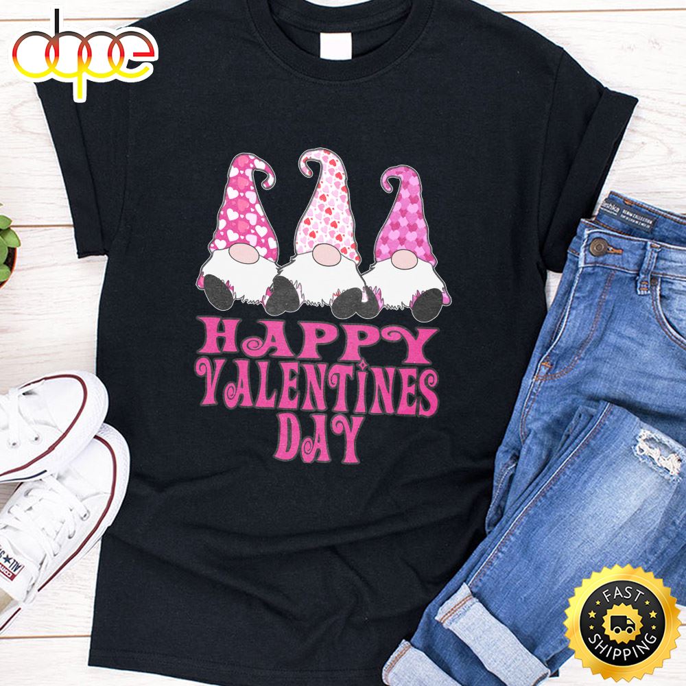 3 Pink Valentine Gnomes Cute Hearts Happy Valentines Day Long Sleeve T Shirt