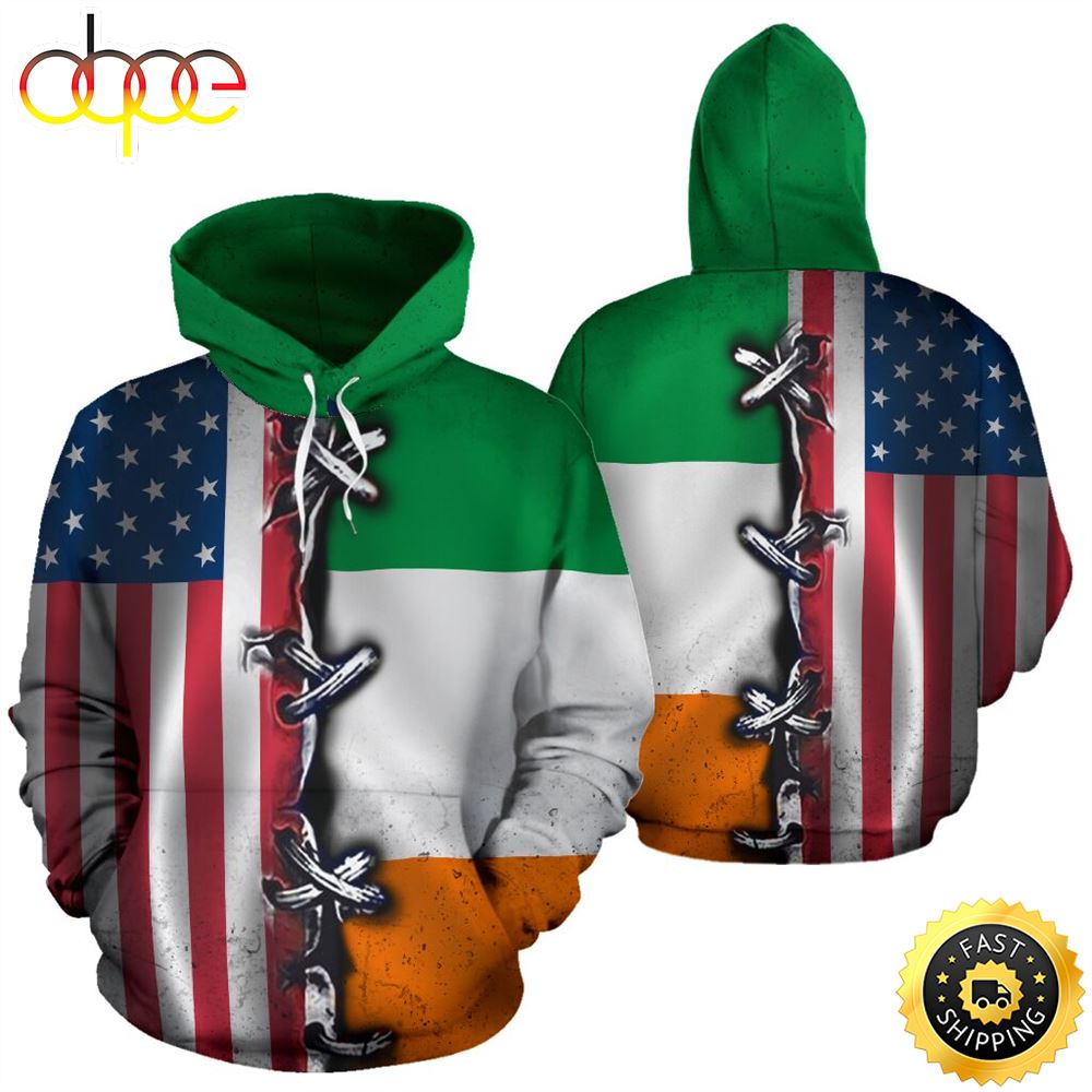 American And Ireland USA Flag Art Full Hoodie St.Patricks Day All Over Print Shirt