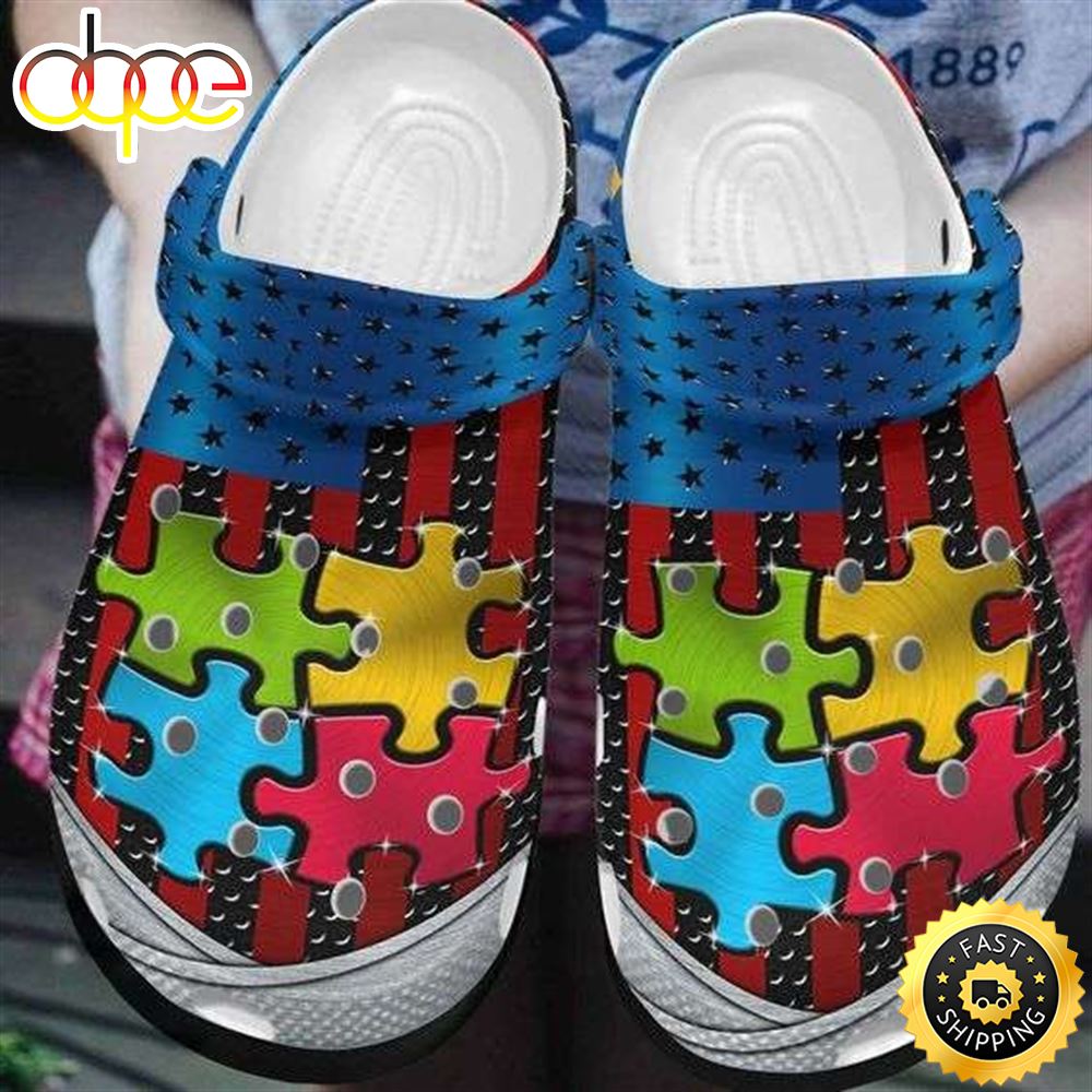 Autism Awareness Day Autism Puzzle USA Flag Iron Style Crocs Crocband Clog Shoes