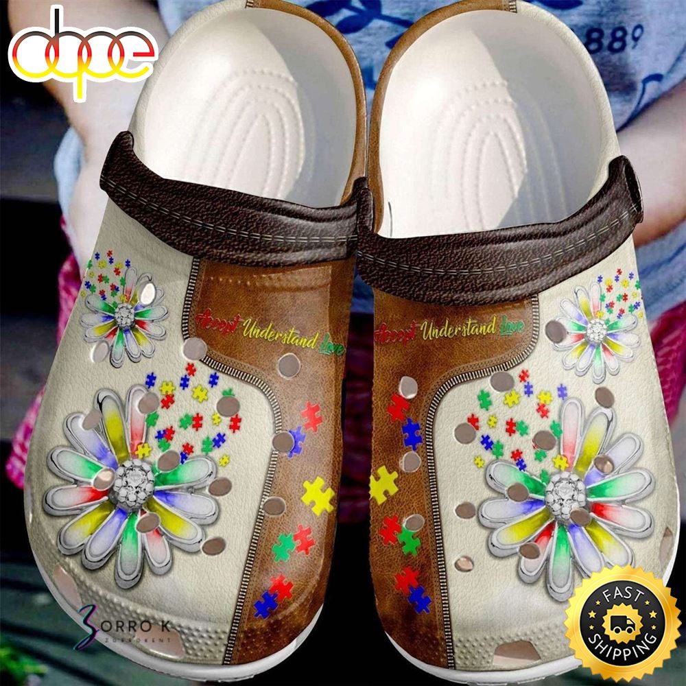 Autism Awareness Day Daisy Flower Accept Understand Love Puzzle Pieces Crocs Crocband Clog Shoes
