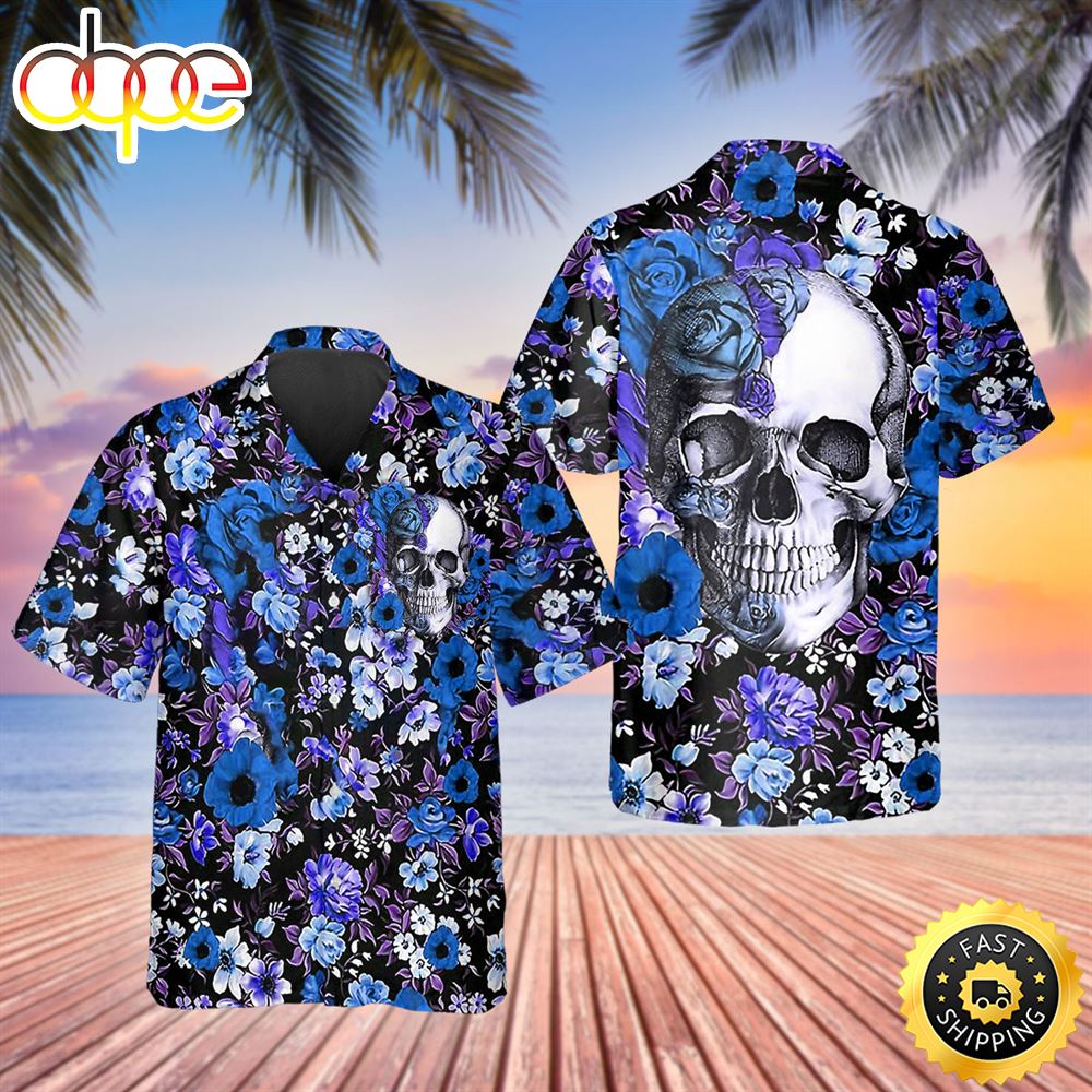Blue Happy Summer Flowers Grinning Skull Hawaiian Shirt Hawaiian Shirt For Men Best Hawaiian Shirts 1