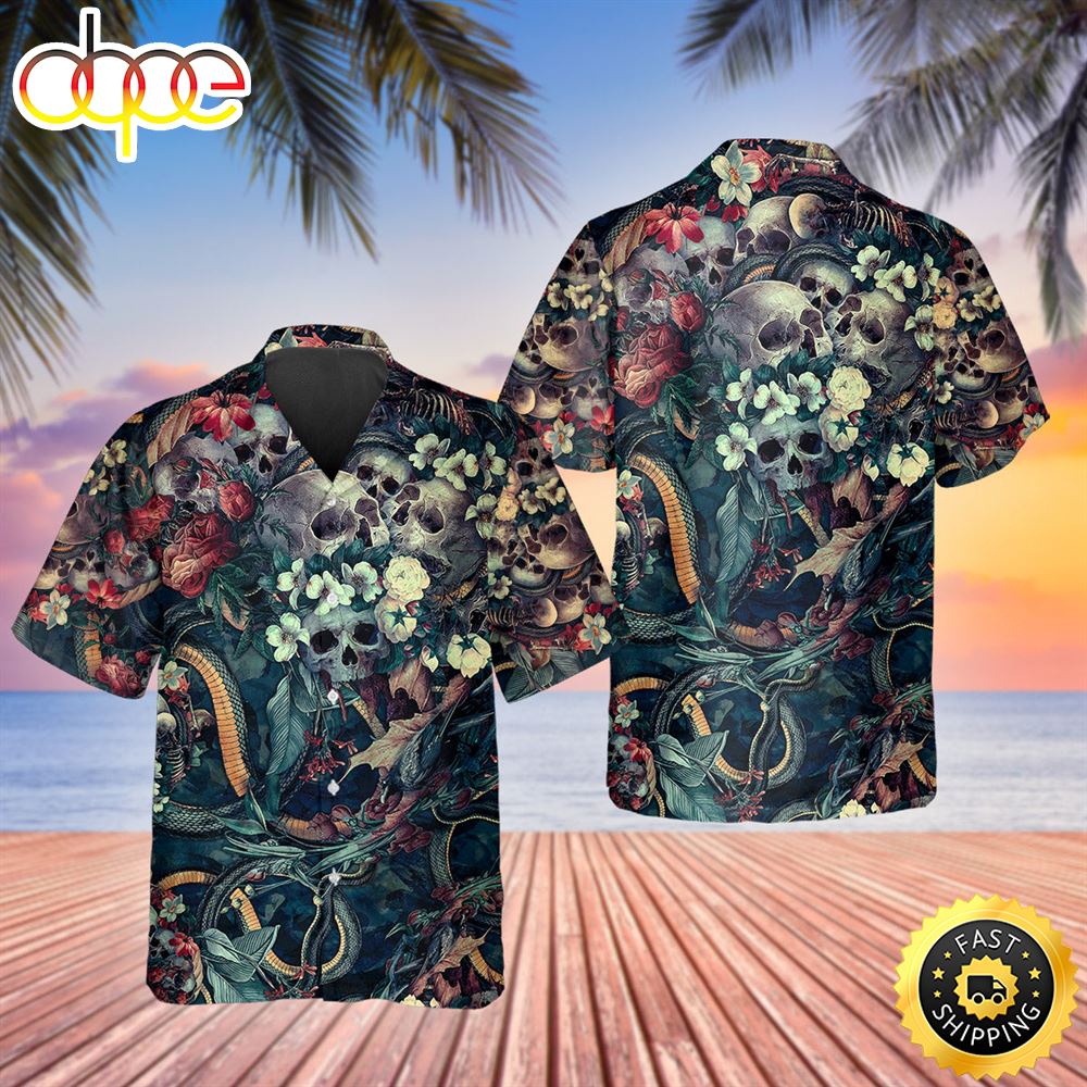Floral Skull And Snakes Hawaiian Shirt Mens Hawaiian Shirt Short Sleeve Hawaiian Shirt 1