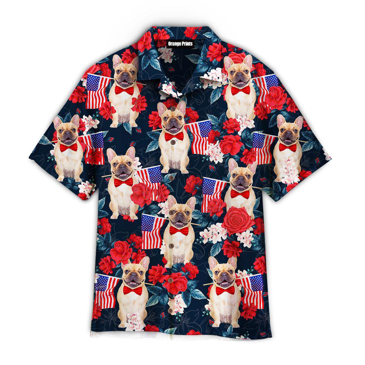 French Bulldog Holding Flag Usa On Red Rose Tropical Dog Hawaiian Shirt Mens Hawaiian Shirt Gifts For Dog Lovers 1