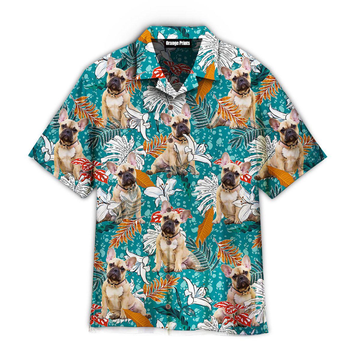 French Bulldog Tropical Leaves And Lily Flowers Summer Mood Pattern Dog Hawaiian Shirt Mens Hawaiian Shirt Gifts For Dog Lovers 1