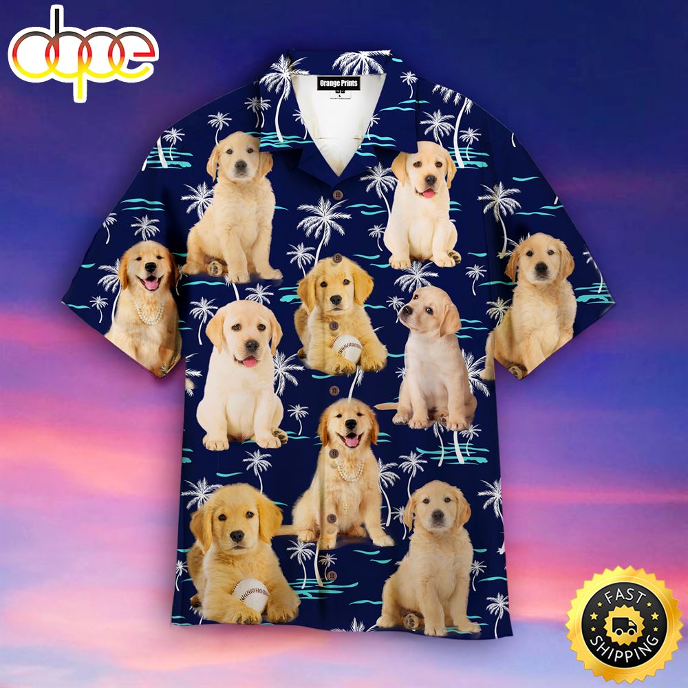 Happy Puppy Dog Palm Tree Dog Aloha Beach Summer Short Sleeve Hawaiian Shirt