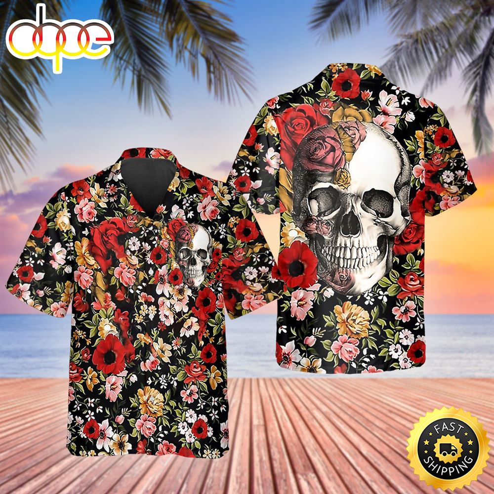 Happy Summer Flowers Grinning Skull Hawaiian Shirt Hawaiian Shirt For Men Best Hawaiian Shirts 1