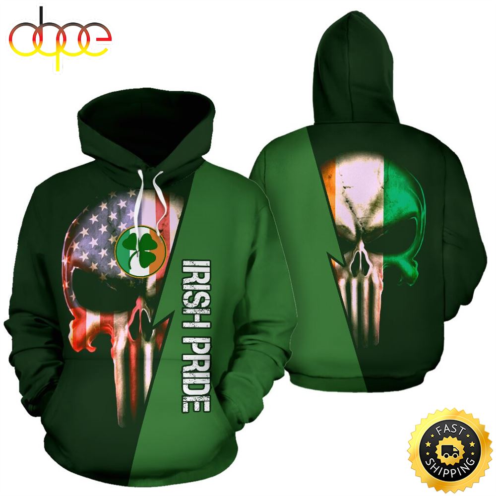 Irish Pride Skull Full Hoodie St.Patricks Day All Over Print Shirt