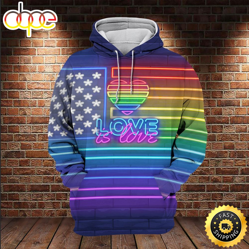 LGBT Neon Rainbow Lights Love Is Love Hoodie 3D All Over Print Shirt