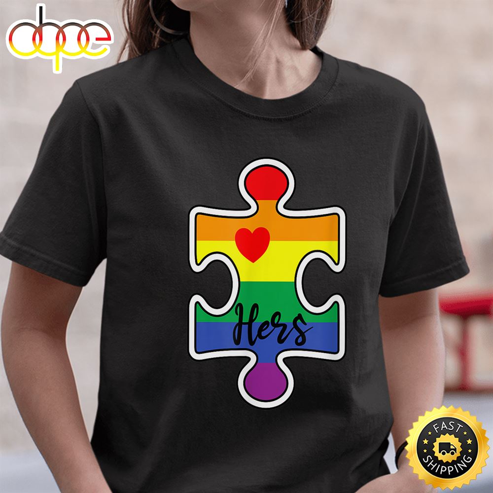 LGBT Pride Couple Valentine Lesbian Hers Rainbow Puzzle Valentines Day T Shirt