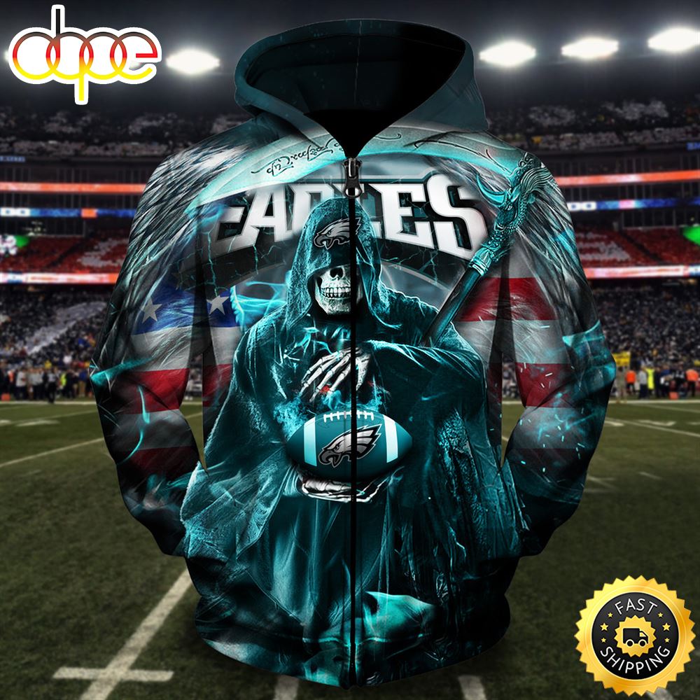 NFL Eagles Logo & Death Holding Football 3D Hoodie All Over Print Shirt