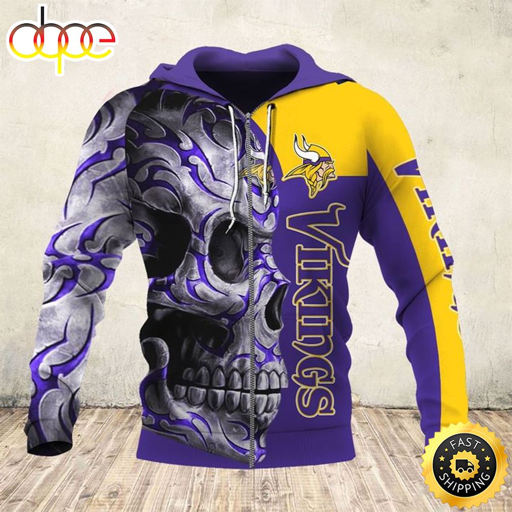 NFL Minnesota Vikings Zippered Hoodies Big Vikings Team Tribal Skull 3D Hoodie All Over Print Shirts