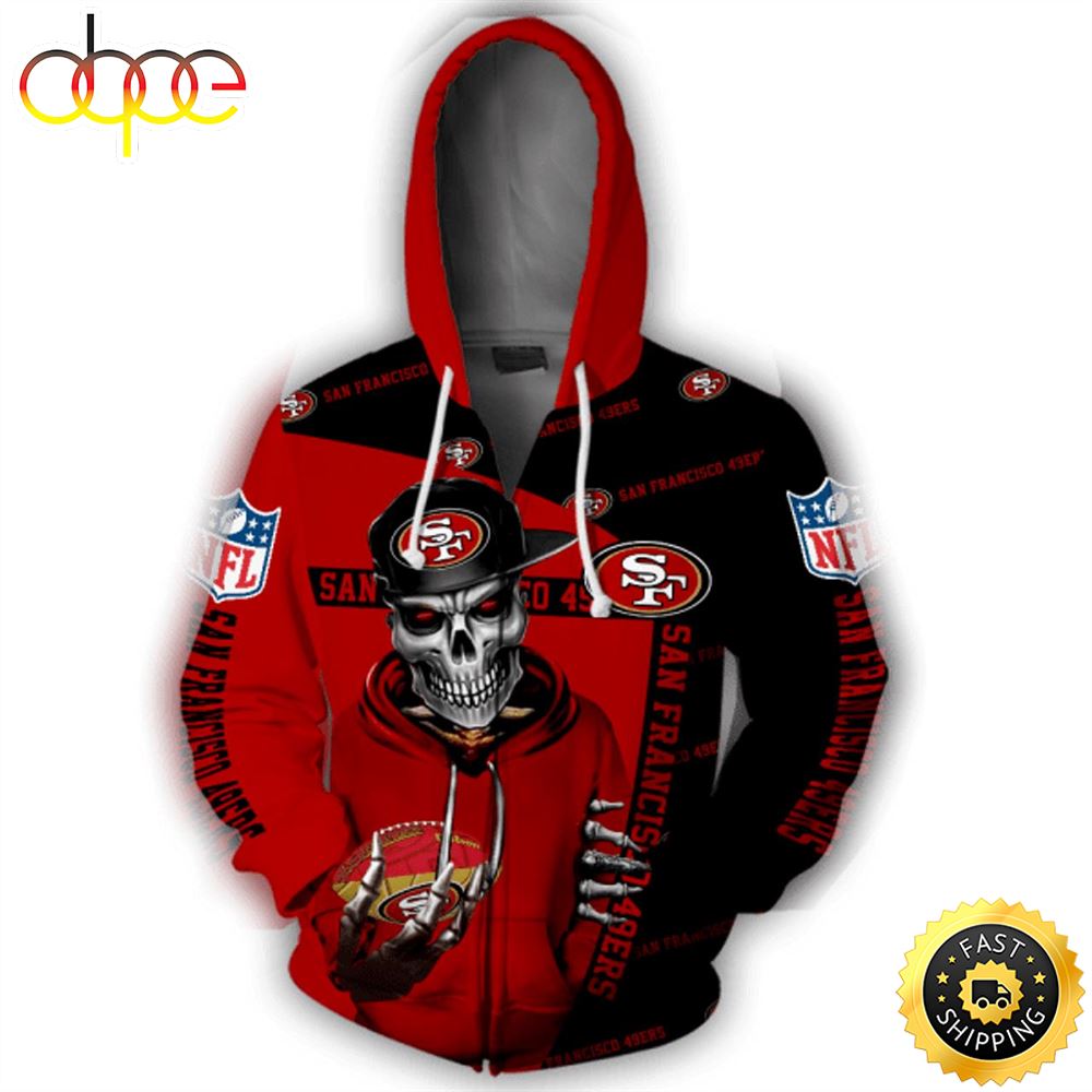 Official N.F.L.San Francisco 49ers Zippered Hoodies Neon Red 49ers Skeleton Fan