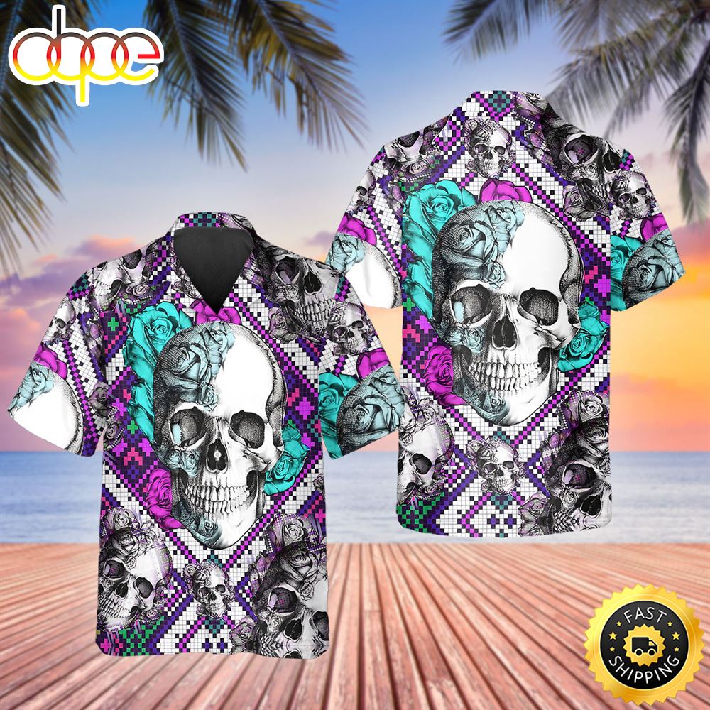 Purple And Teal Aztec Rose Skull Hawaiian Shirt Hawaiian Shirt For Men Best Hawaiian Shirts 1