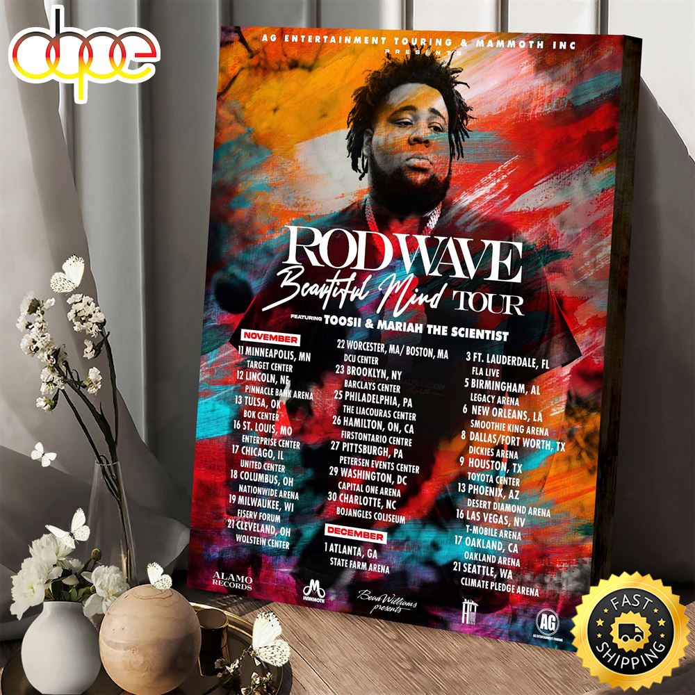 Rod Wave Beautiful Mind Tour 2022 Poster Canvas