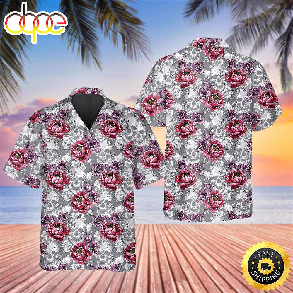 Roses And Grey Skull Hawaiian Shirt Hawaiian Shirt For Men Best Hawaiian Shirts 1