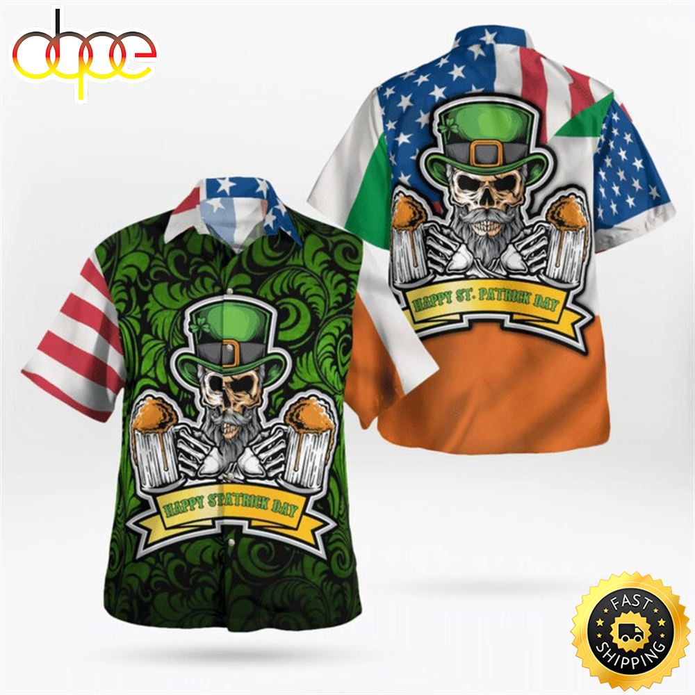 American Irish Flag St Patrick Day Skull Beer Patricksday Gifts Aloha Hawaiian Shirts 1