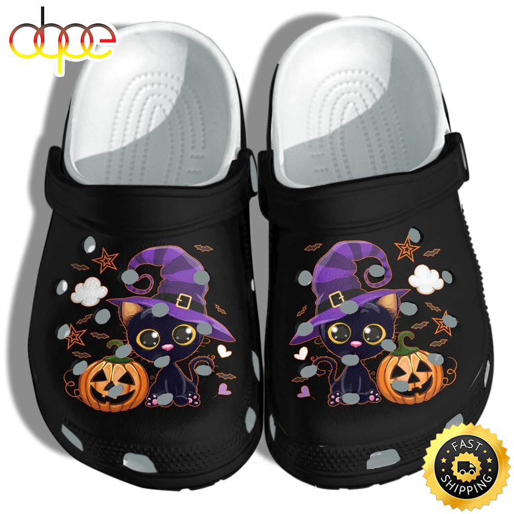 Black Cat And Pumpkin Halloween Shoes Clog Crocs Birthday Gift For Boy Girl Vo2zw0