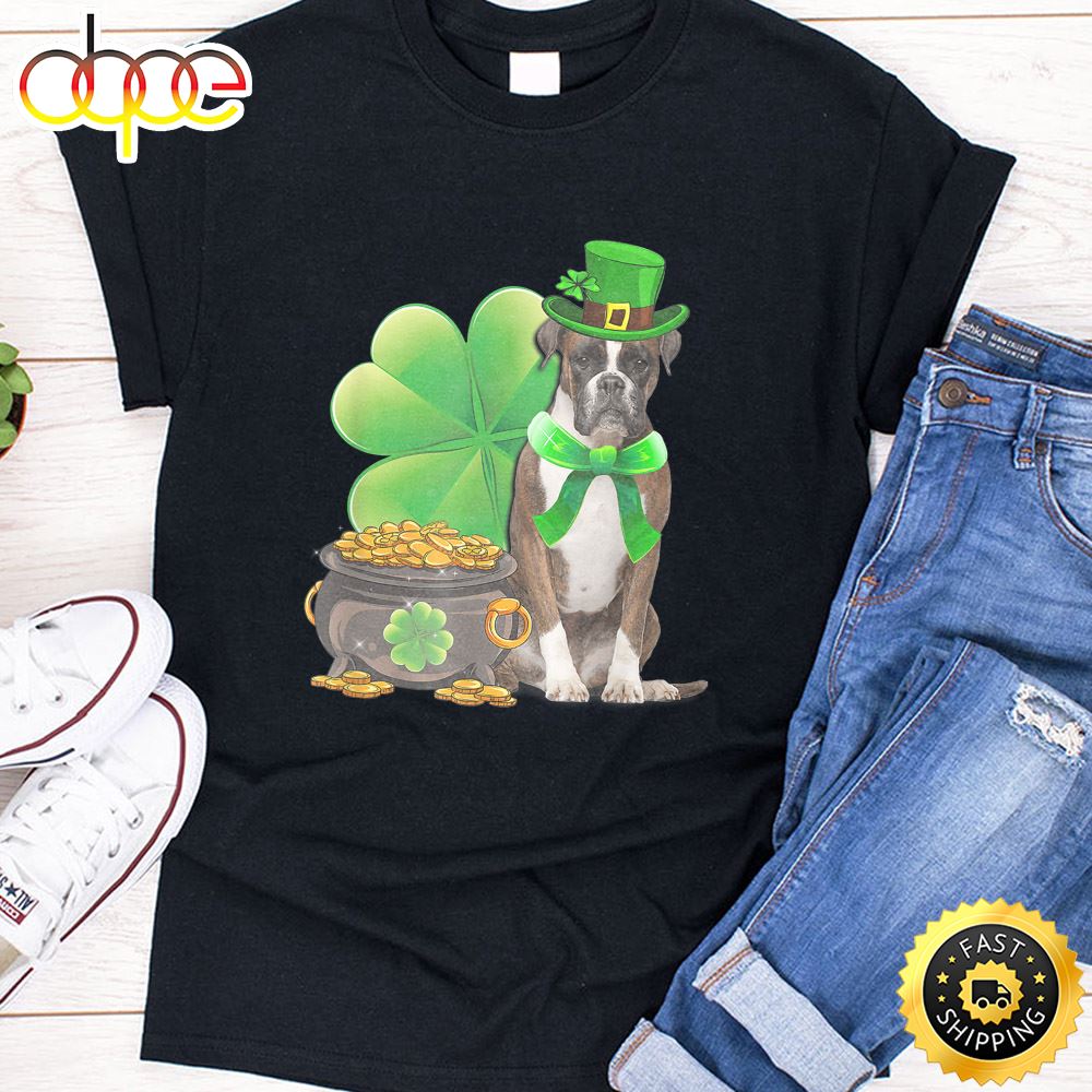 Funny Boxer Dog Shamrock Irish Saint St Patrick Day T Shirt