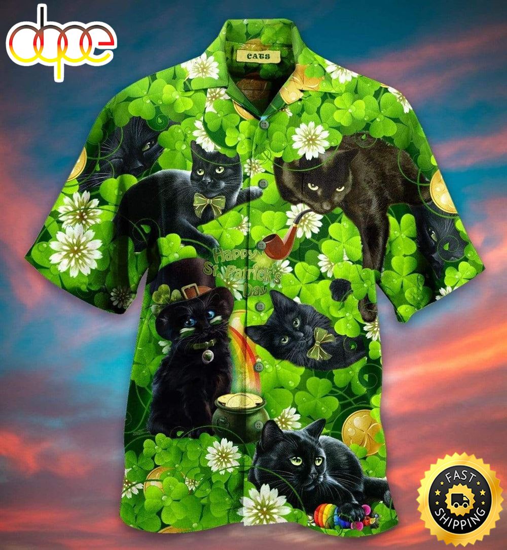 Get Now Irish Black Cat So Cute St Patricks Day Patricksday Gifts Aloha Hawaiian Shirts 1