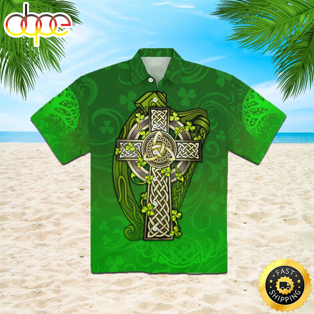 Irish St Patrick Celtic Cross And The Irish Harp Patricksday Gifts Aloha Hawaiian Shirts 1