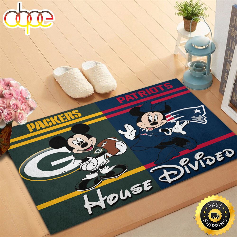 NFL Football Green Bay Packers Vs New England Patriots Mickey And Minnie Teams NFL House Divided Doormat