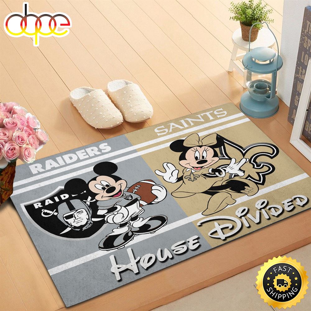 NFL Football Oakland Raiders Vs New Orleans Saints Mickey And Minnie Teams NFL House Divided Doormat