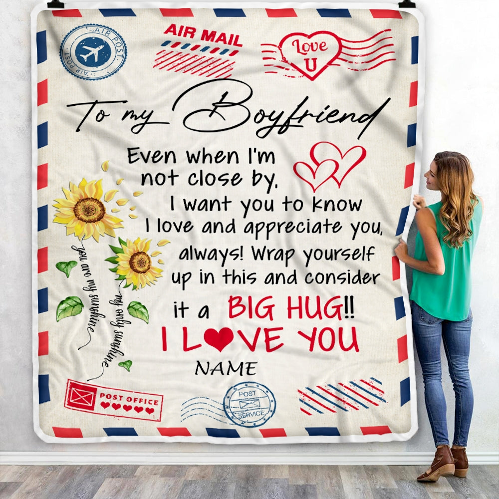 Personalized To My Boyfriend Love Big Hug Air Mail Letter Unflower Boyfriend For Him Birthday Valentines Day Blanket 1