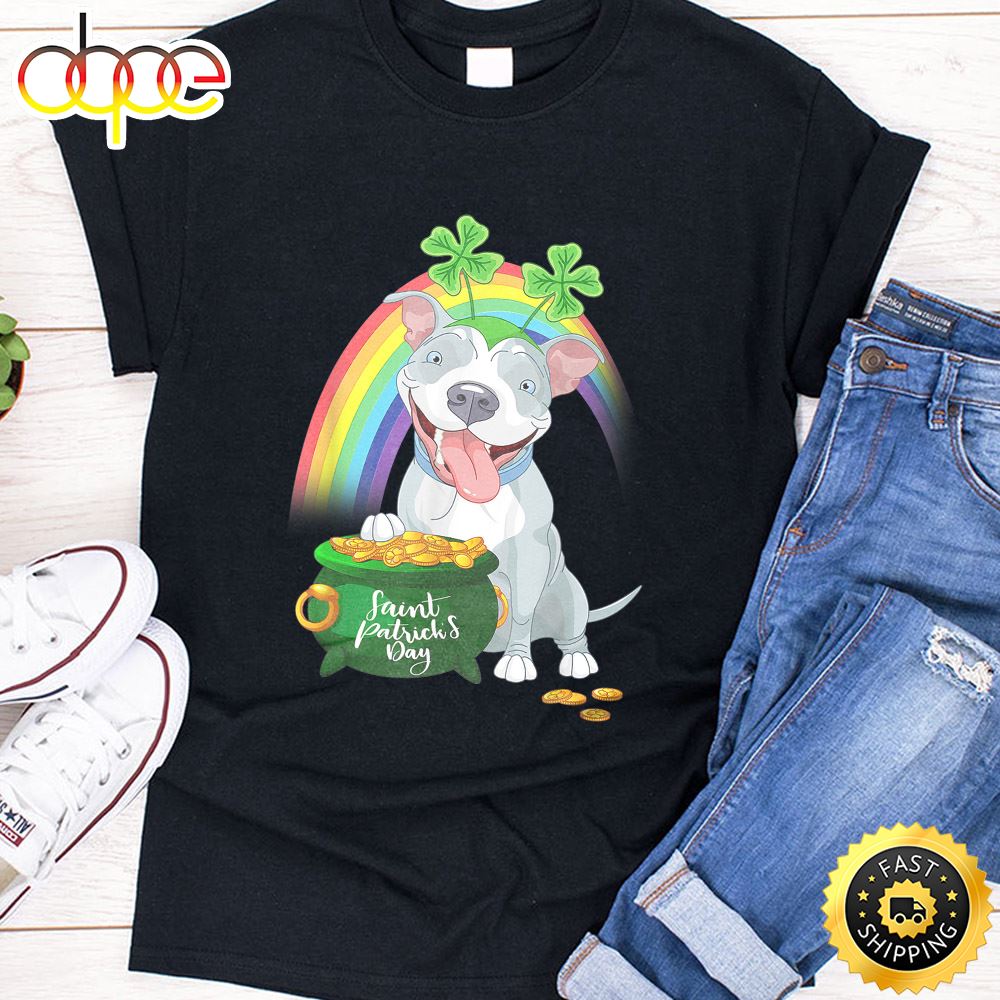 Pitbull Dog Irish Leprechaun Rainbow Saint St Patrick Day T Shirt