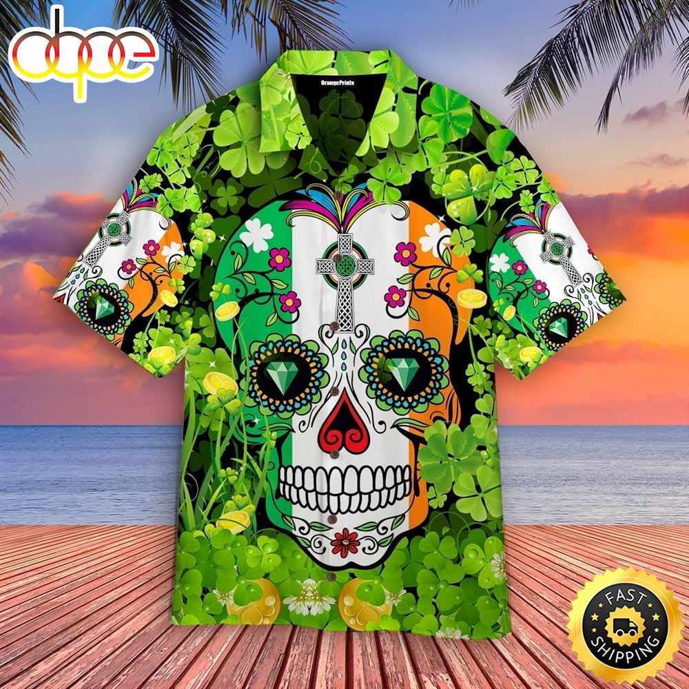 Sugar Skull Saint St Patricks Day Aloha Hawaiian Shirts - Mens Hawaiian Shirt - St Patrick's Day Gifts