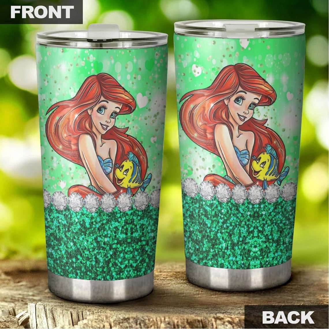 Cartoon Movie Ariel Little Mermaid Green Red Glitter Stainless Steel Tumbler For Disney Fan Gmfaq2