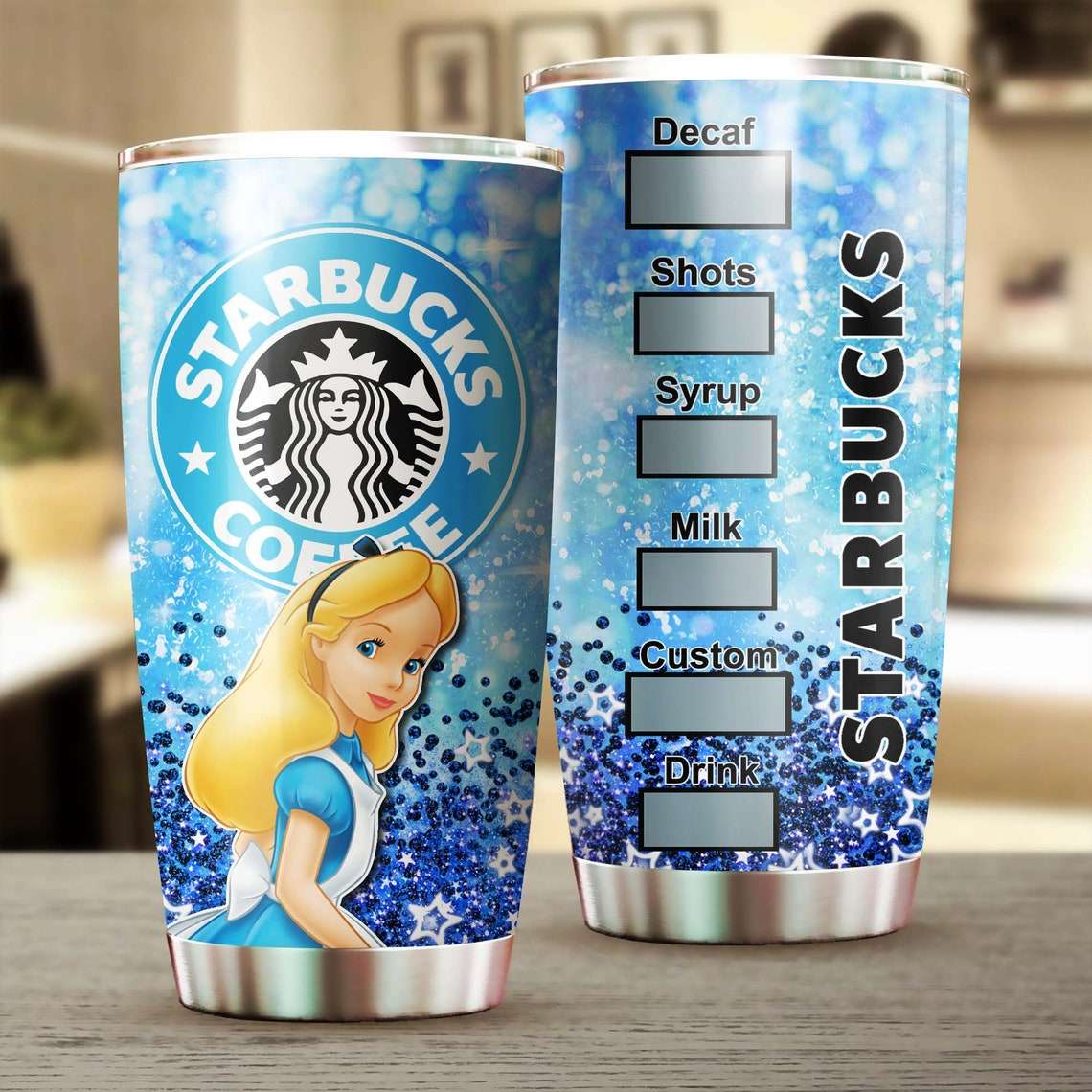 Cartoon Movie Blue Alice Starbucks Glitter Stainless Steel Tumbler For Disney Fan Vgzbfv