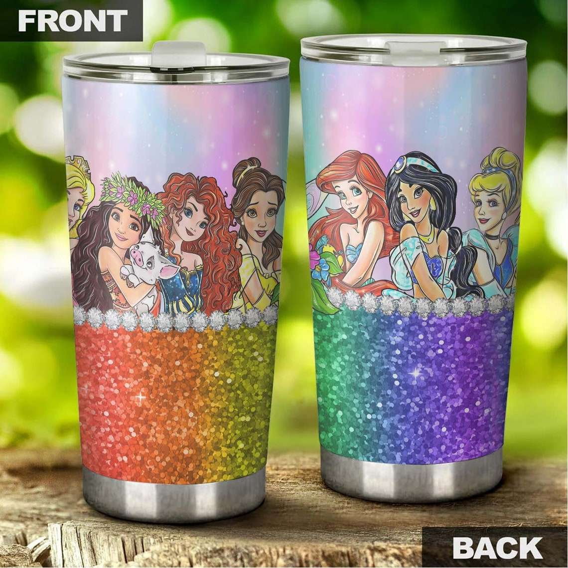 Cartoon Movie Disney Princess Colorful Rainbow Bling Glitter Stainless Steel Tumbler For Disney Fan Hihzu9
